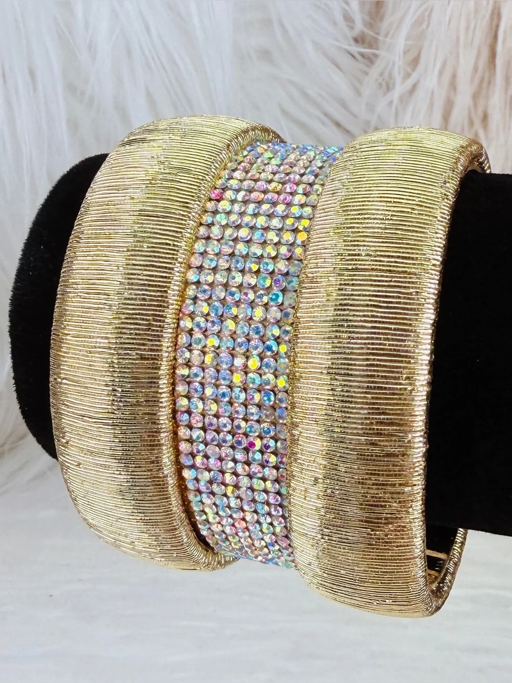 Chunky wide band, aged goldtone, iridescent cuff bracelet